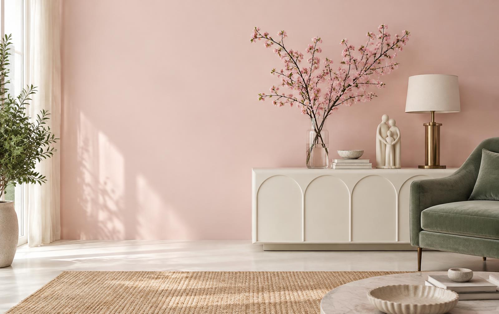 A light-filled room with floral branches, a sculptural vase and a brass lamp